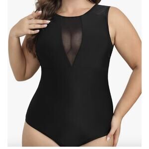 Cupshe Black One Piece Swimsuit 1x Plus Size Mesh Crew Neck Back Tie